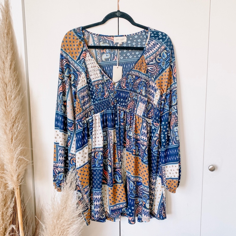 NWT Melloday Blue Paisley Boho Inspired Long Sleeve Dress